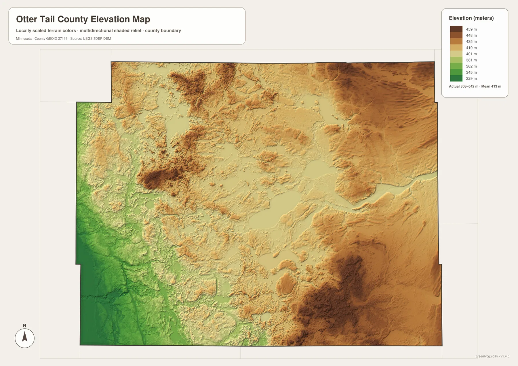 Otter Tail County Minnesota elevation map showing lower western terrain and higher eastern uplands