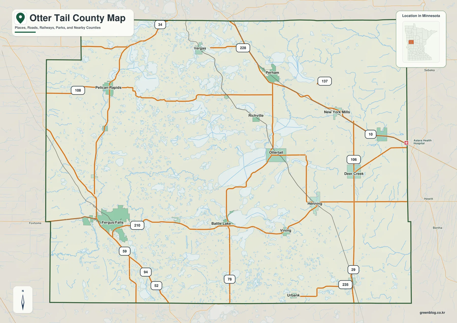 Otter Tail County Minnesota map showing Fergus Falls, Perham, towns, roads, and county boundaries