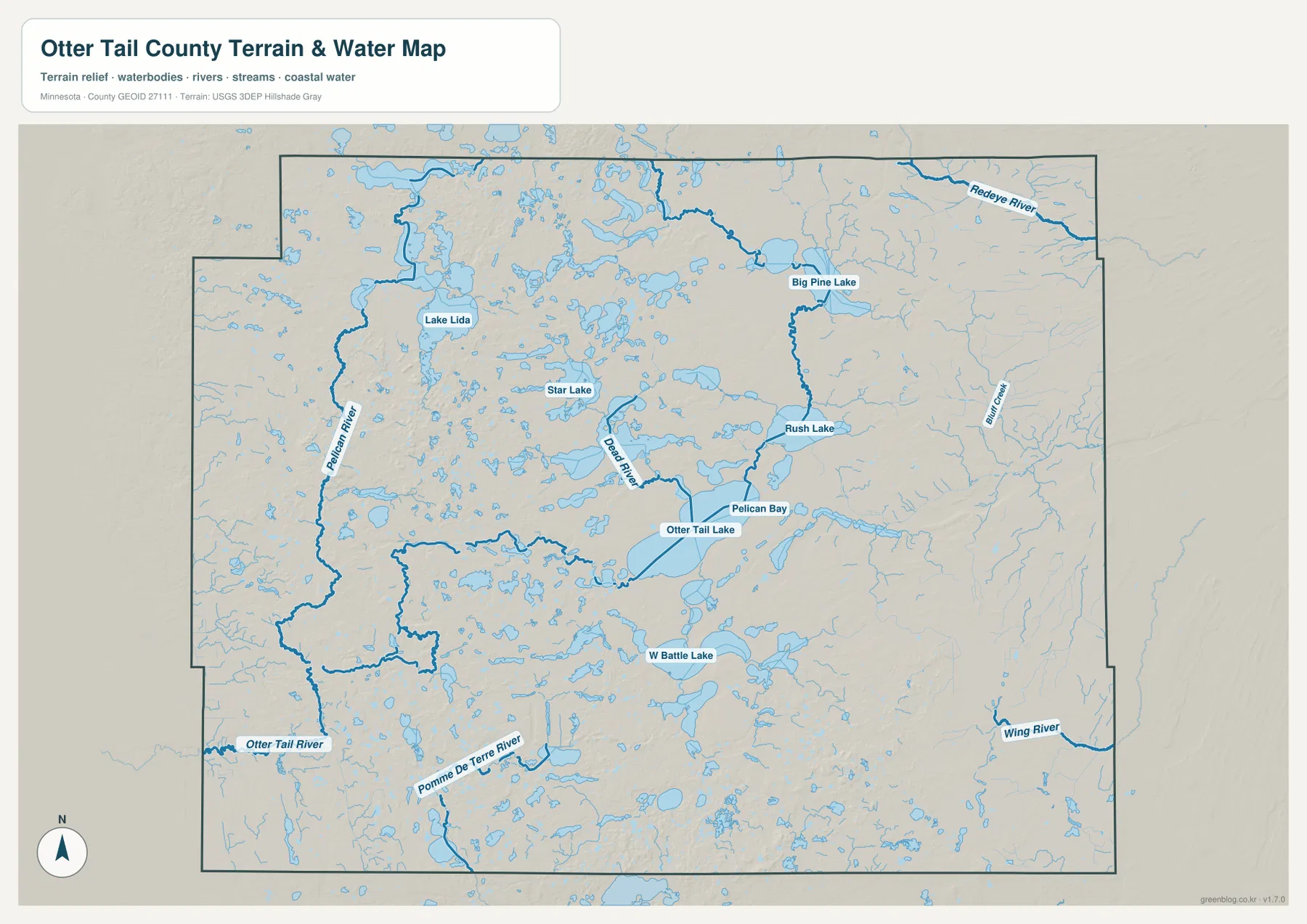 Otter Tail County Minnesota water map with Otter Tail Lake, Star Lake, Pelican River, and other waterways