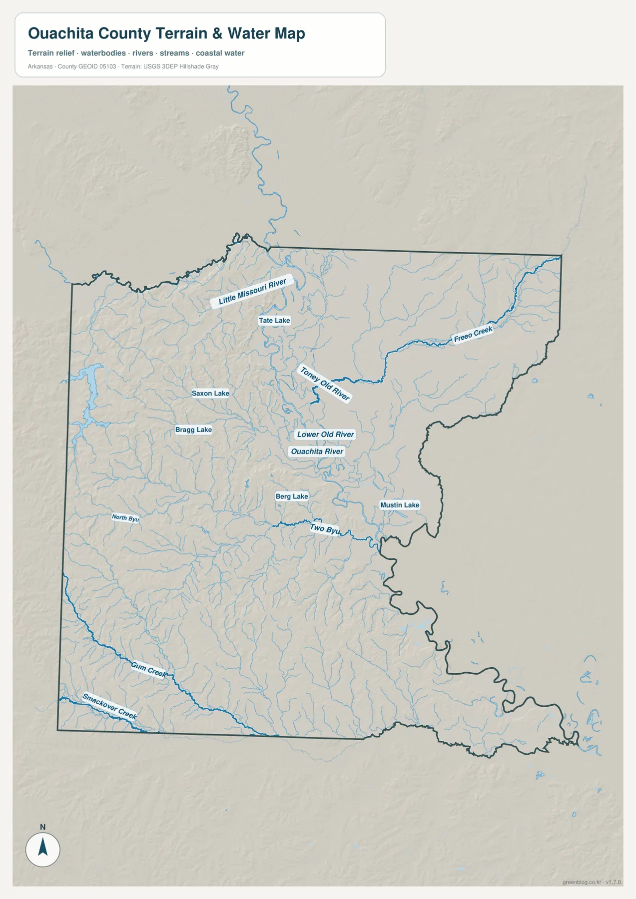 Ouachita River, Little Missouri River, Freeo Creek, Two Bayou와 여러 호수를 표시한 워시타 카운티 수역 지형 지도