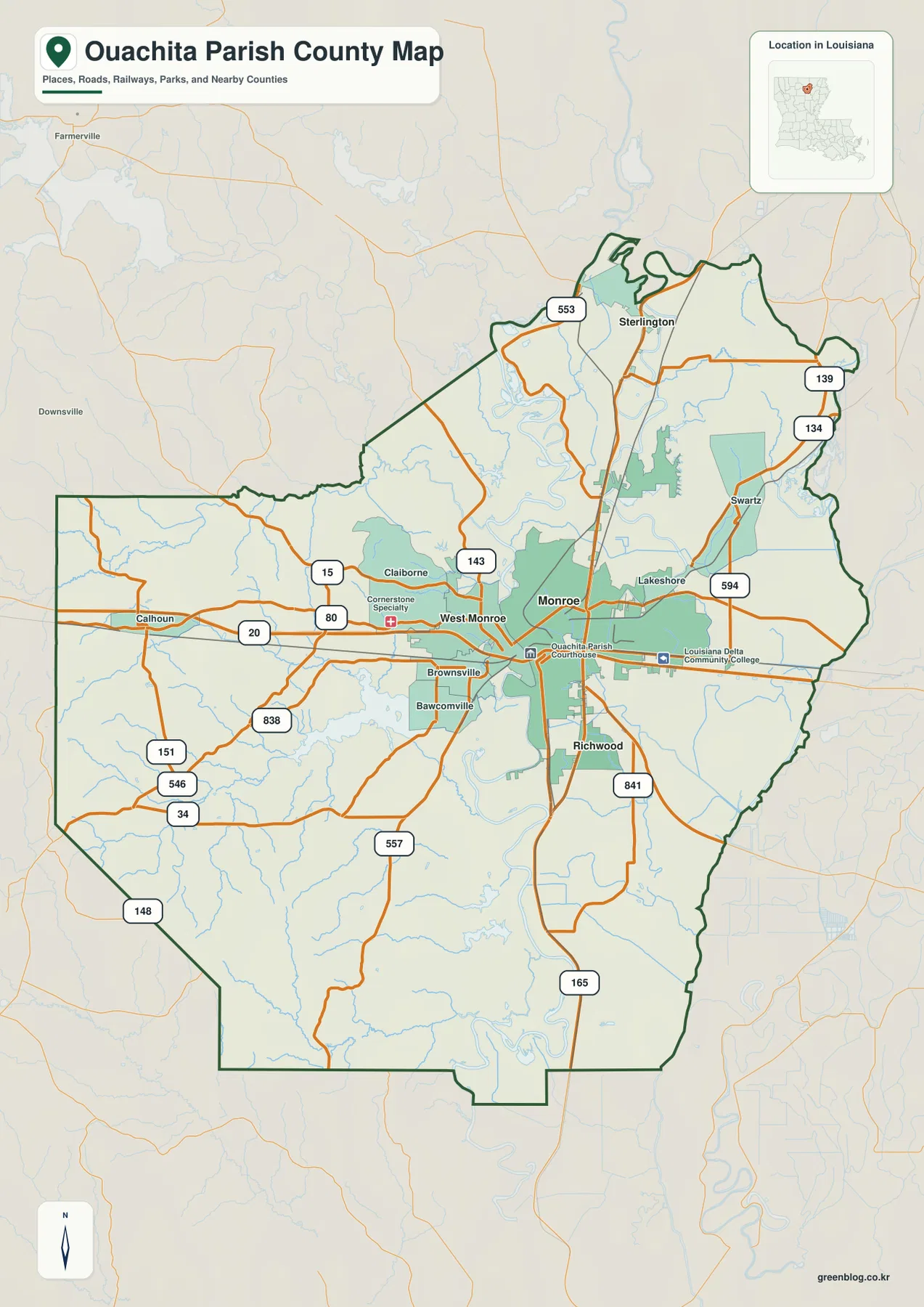 Monroe, West Monroe, Richwood, Sterlington, Swartz, Calhoun과 I-20 및 주요 도로를 보여 주는 와시타 패리시 지도