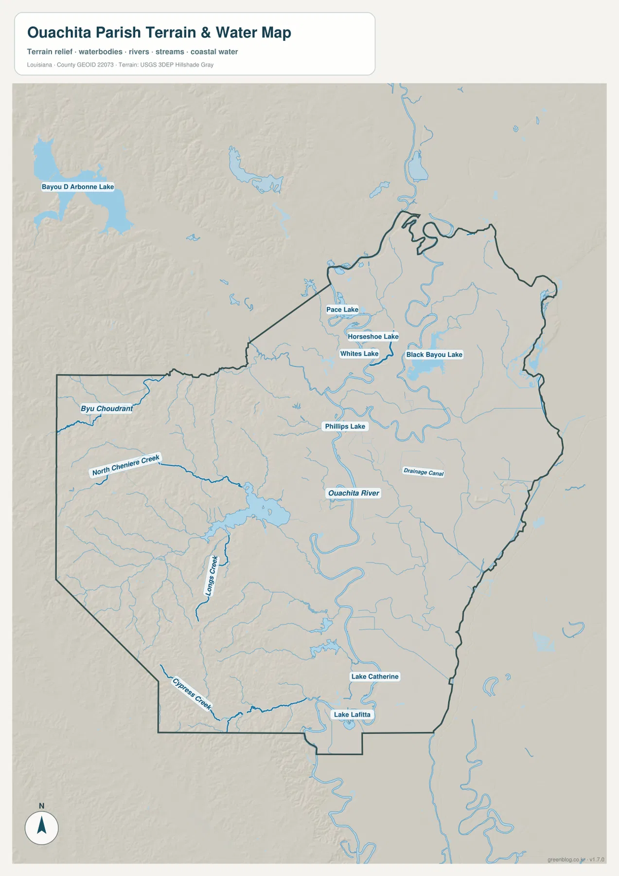 Ouachita River, Black Bayou Lake, Horseshoe Lake, North Cheniere Creek, Lazarus Creek, Cypress Creek와 남부 호수를 보여 주는 Ouachita Parish 수역 지도