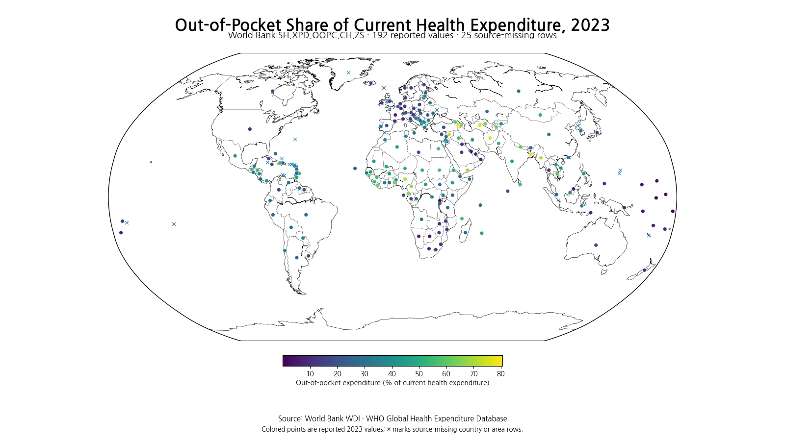 World map of out-of-pocket expenditure as a share of current health expenditure in 2023