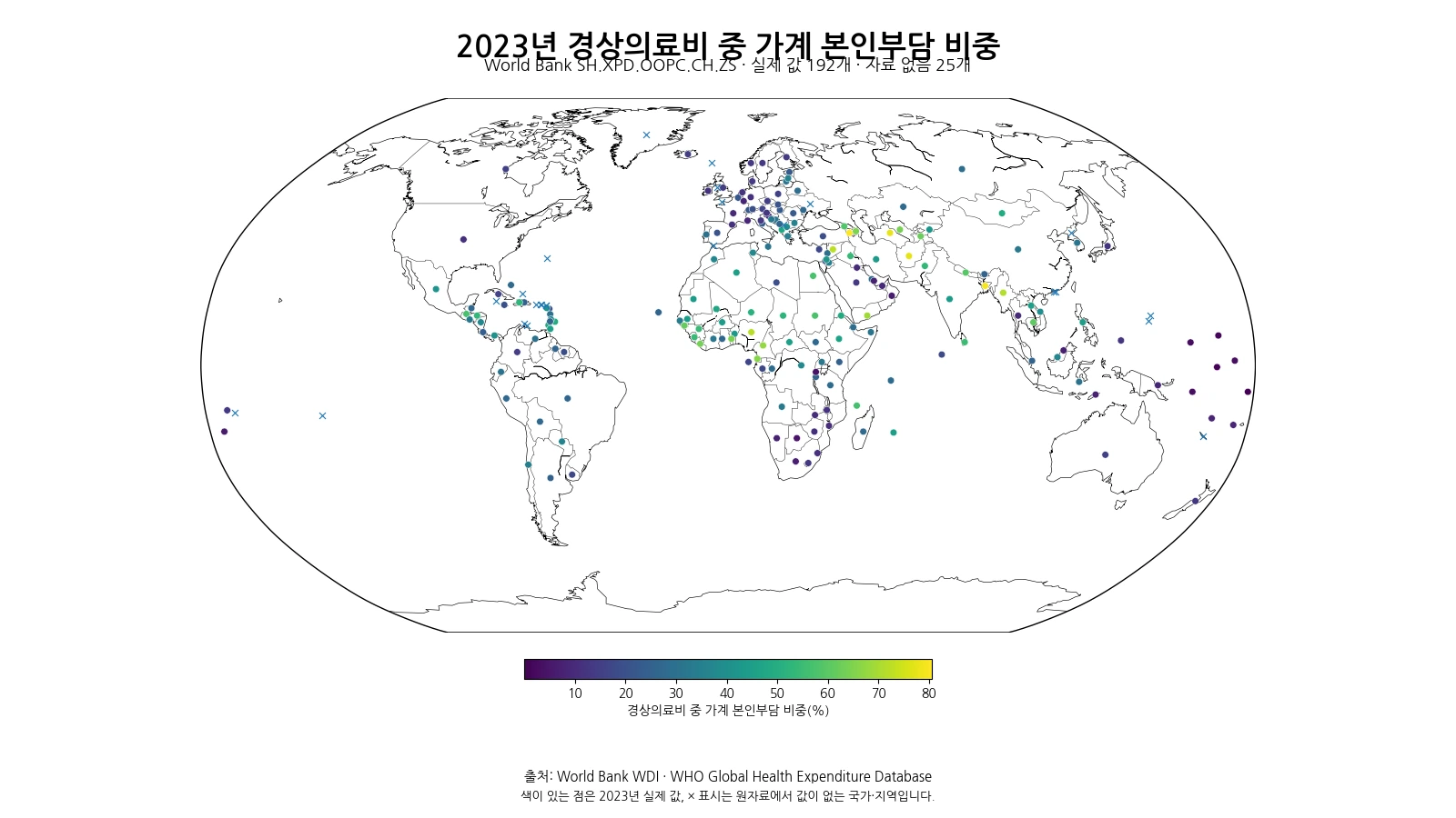 2023년 경상의료비 중 가계 본인부담 비중을 국가별로 표시한 세계 지도