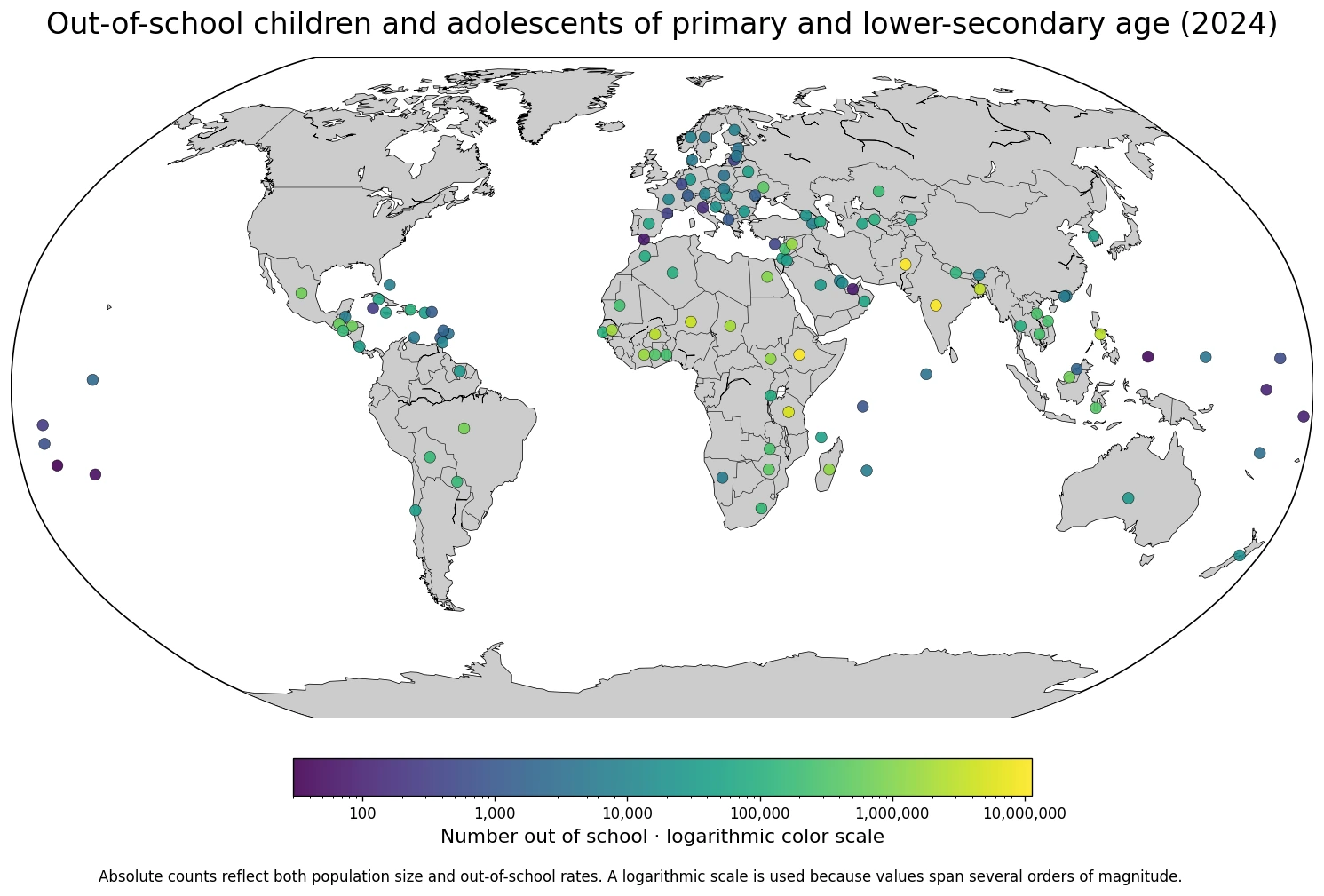Map of the number of out-of-school children and adolescents of primary and lower-secondary age in 2024