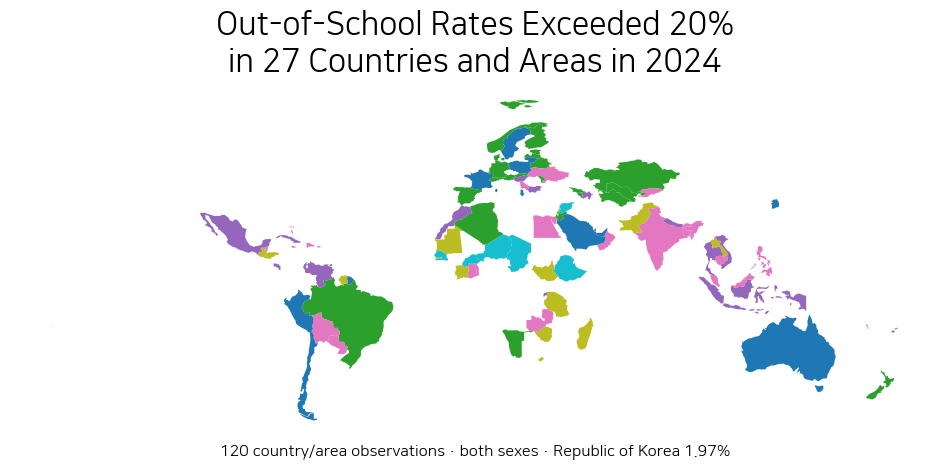 World map of 2024 out-of-school rates for the official primary through upper-secondary school-age population