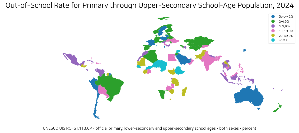 World map of the 2024 out-of-school rate for the official ages of primary, lower-secondary and upper-secondary education