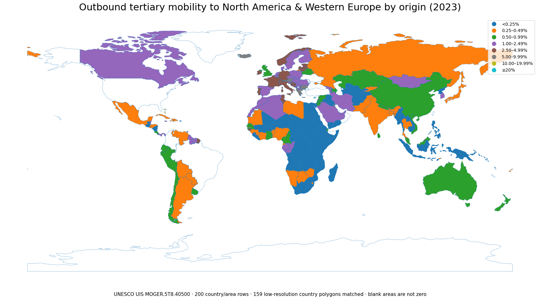 World map of the 2023 mobile outbound gross enrolment ratio for tertiary students studying in North America and Western Europe by origin