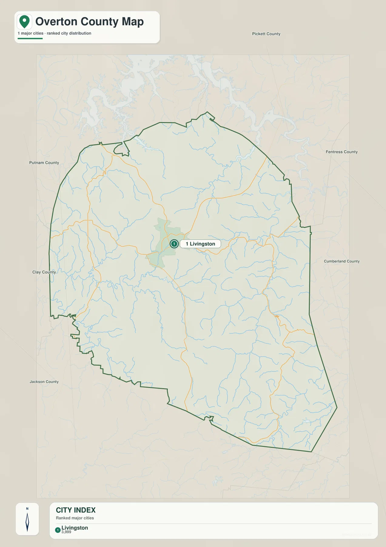Overton County city map with Livingston and neighboring county directions
