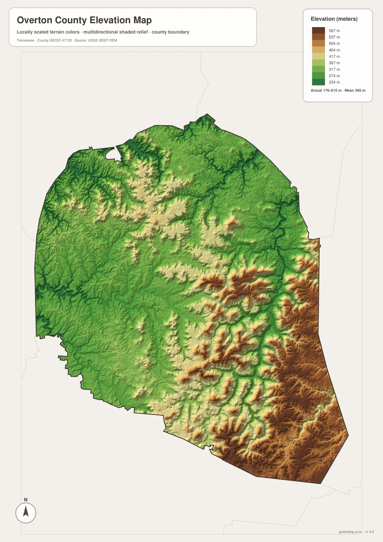 Overton County elevation map with 176 to 615 meter relief and higher eastern ridges