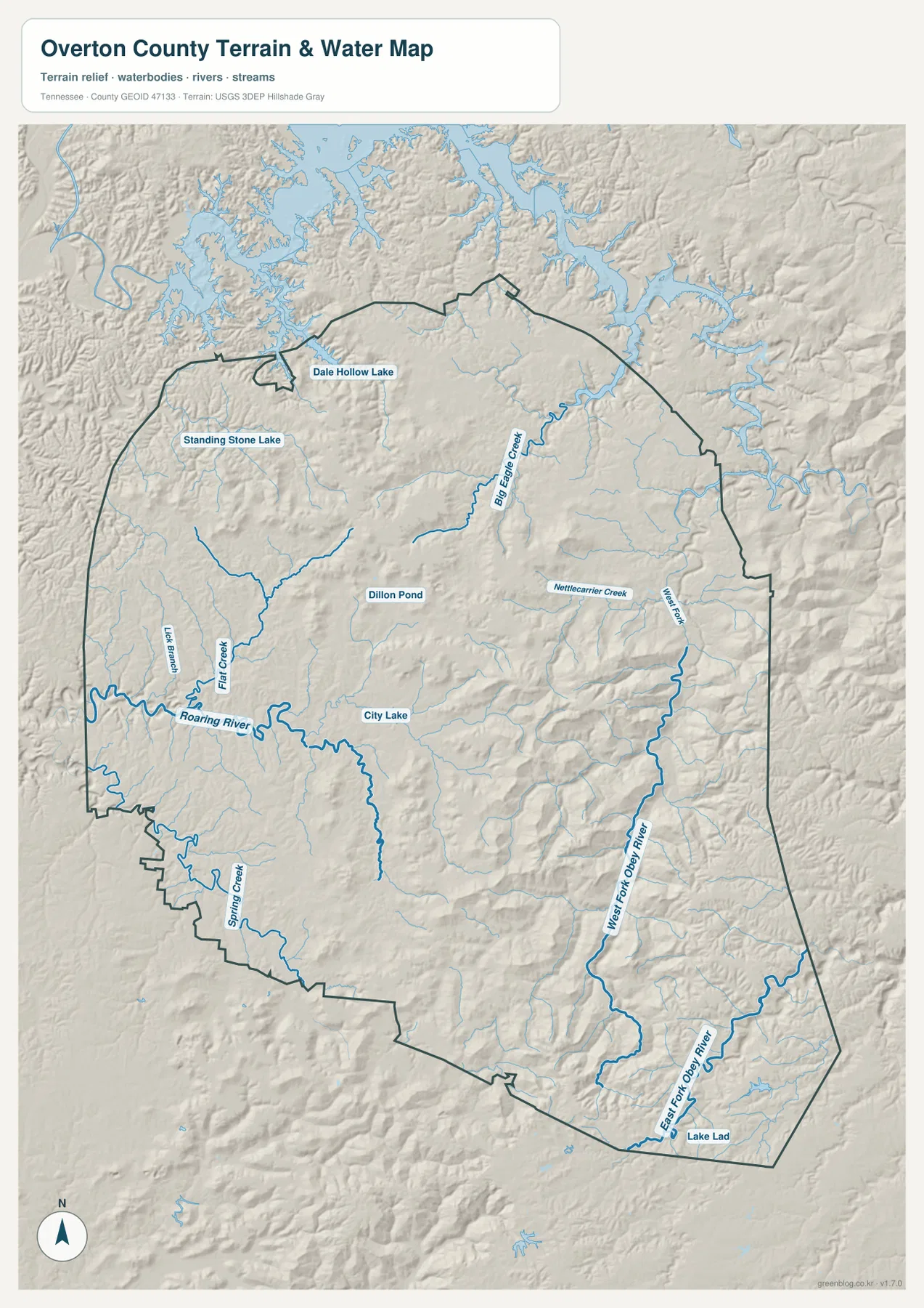 Overton County water map showing Roaring River, Obey River forks, Big Eagle Creek, and Dale Hollow Lake