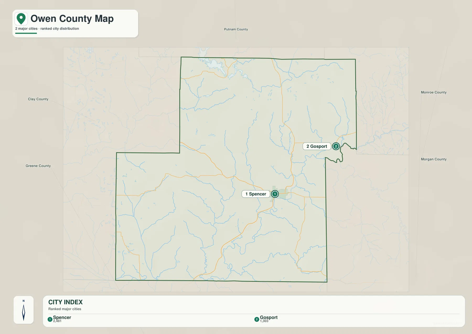 Owen County city index map ranking Spencer and Gosport