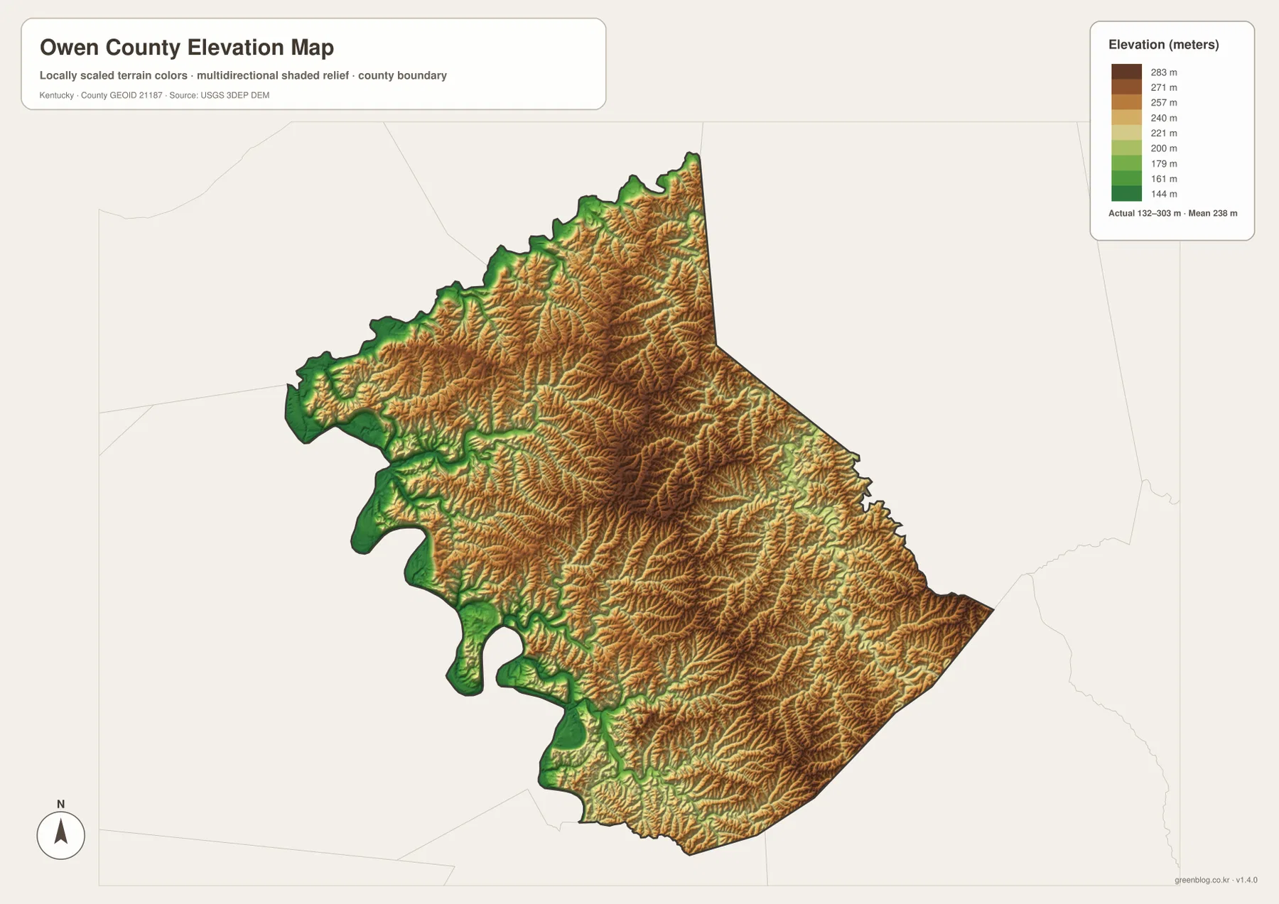 Owen County elevation map showing the 132 to 303 meter range, lower western creek valleys, and higher central and eastern ridges