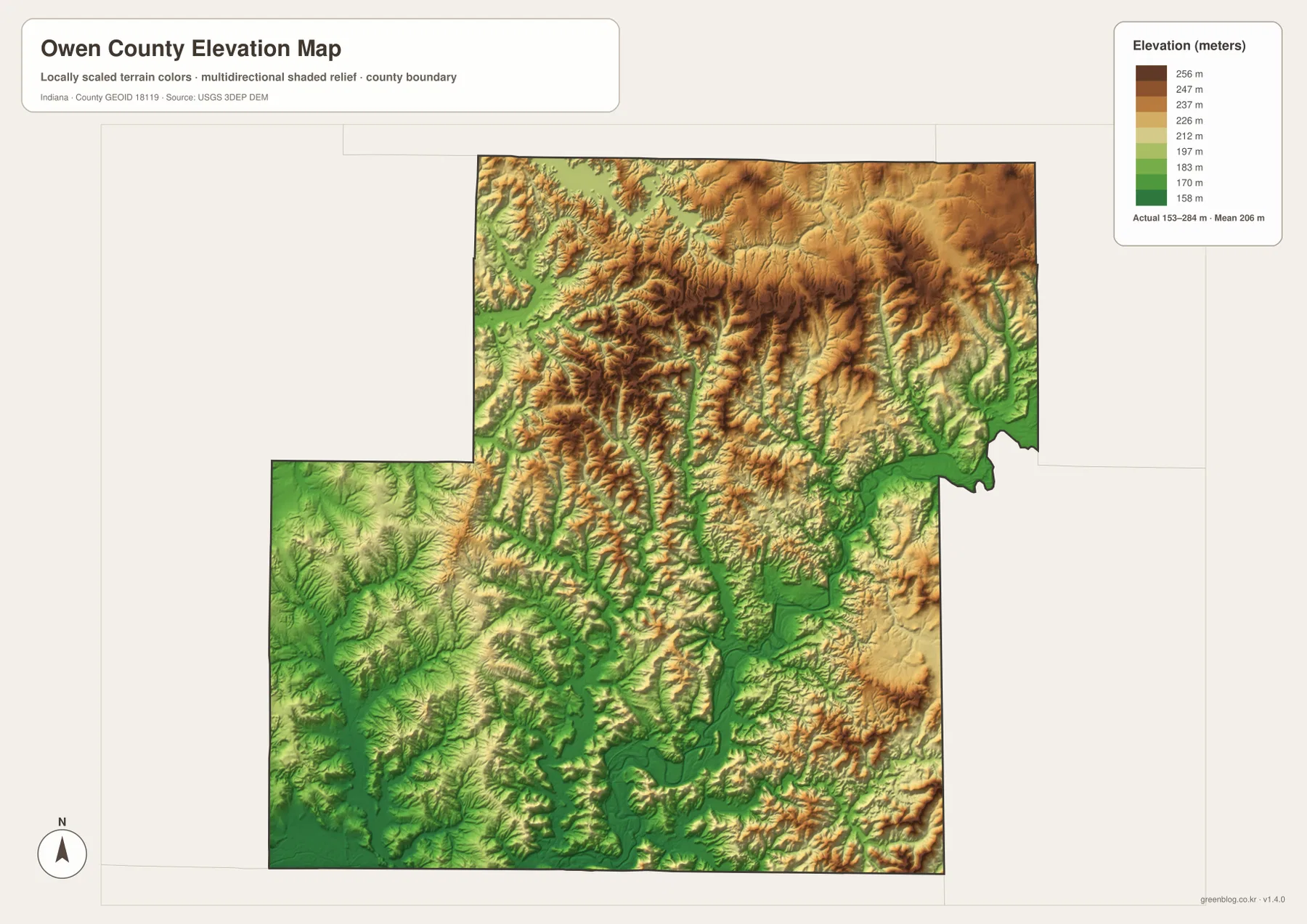 Owen County elevation map showing low green White River and creek valleys with higher tan-brown ridges across the north and east