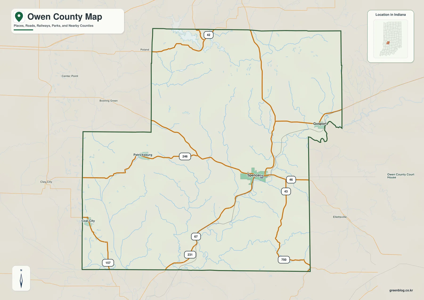 Owen County Indiana general map showing Spencer, Gosport, Patricksburg, Coal City, and major roads