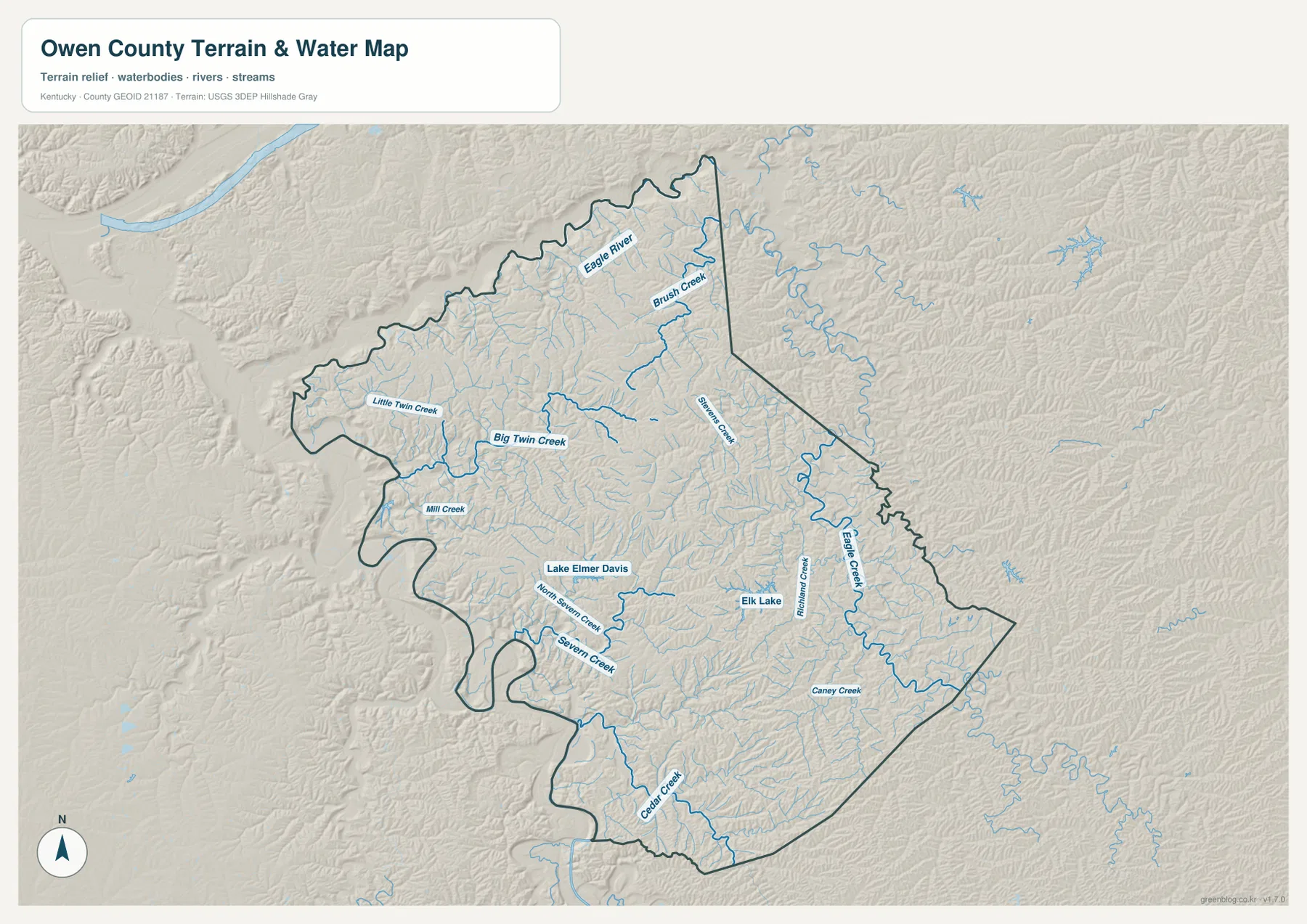 Owen County terrain and water map showing Eagle Creek, Brush Creek, Big Twin Creek, Mill Creek, Severn Creek, Rattlesnake Creek, Caney Creek, Cedar Creek, Lake Elmer Davis, and Elk Lake