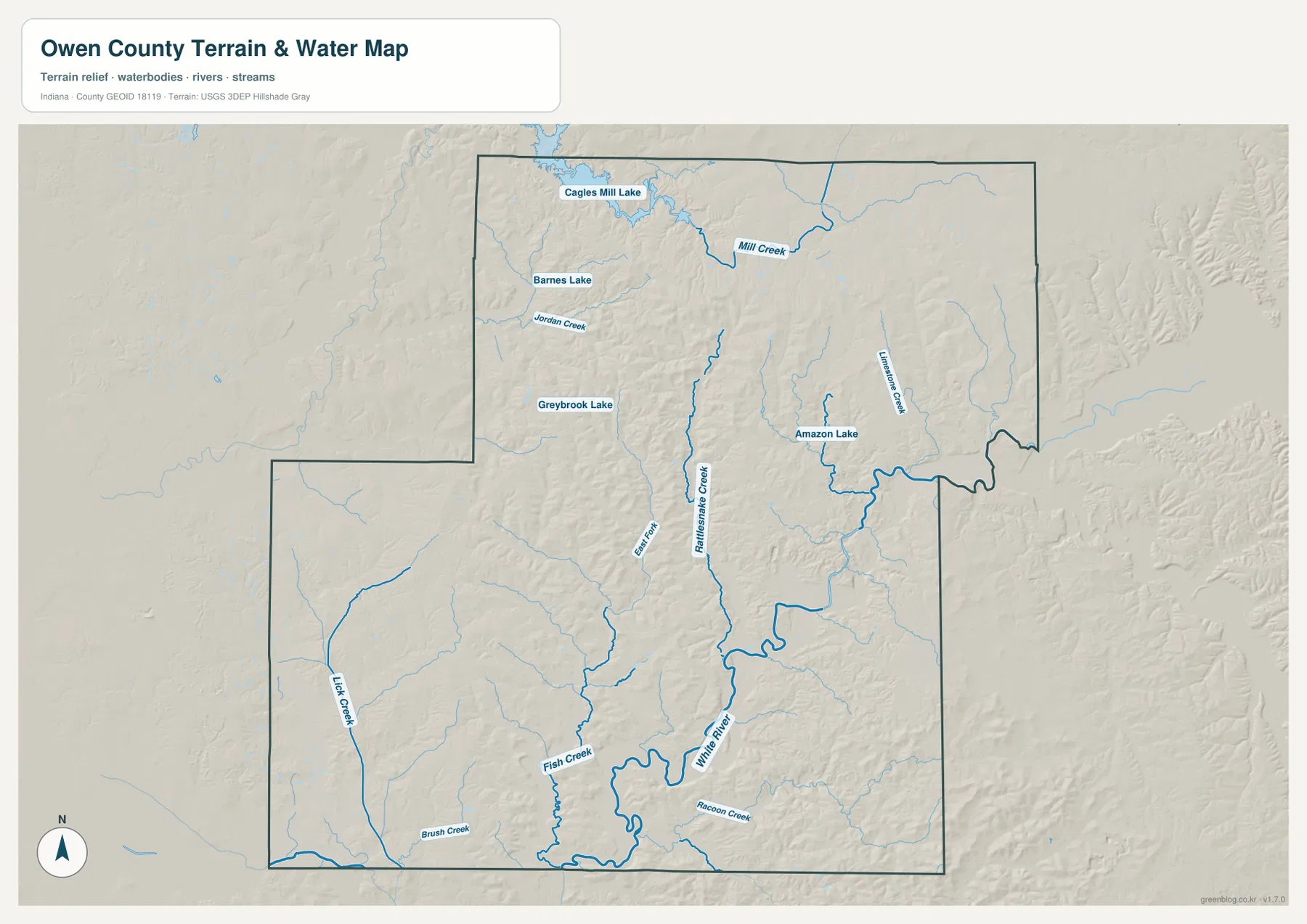 Owen County terrain and water map showing White River, Raccoon Creek, Rattlesnake Creek, Lick Creek, Mill Creek, Cagles Mill Lake, and smaller lakes