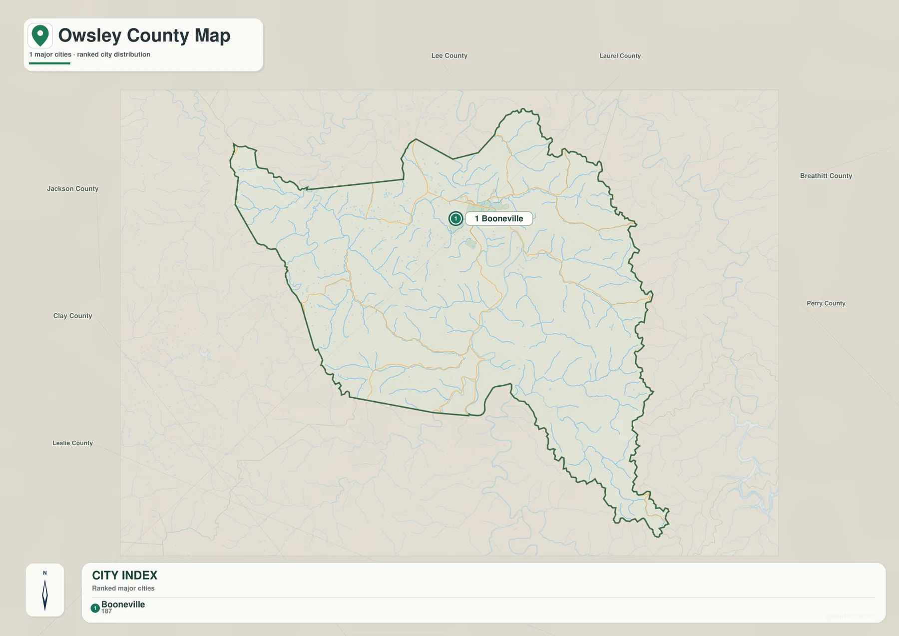 Owsley County city distribution map showing Booneville and neighboring Lee, Breathitt, Perry, Clay, and Jackson counties
