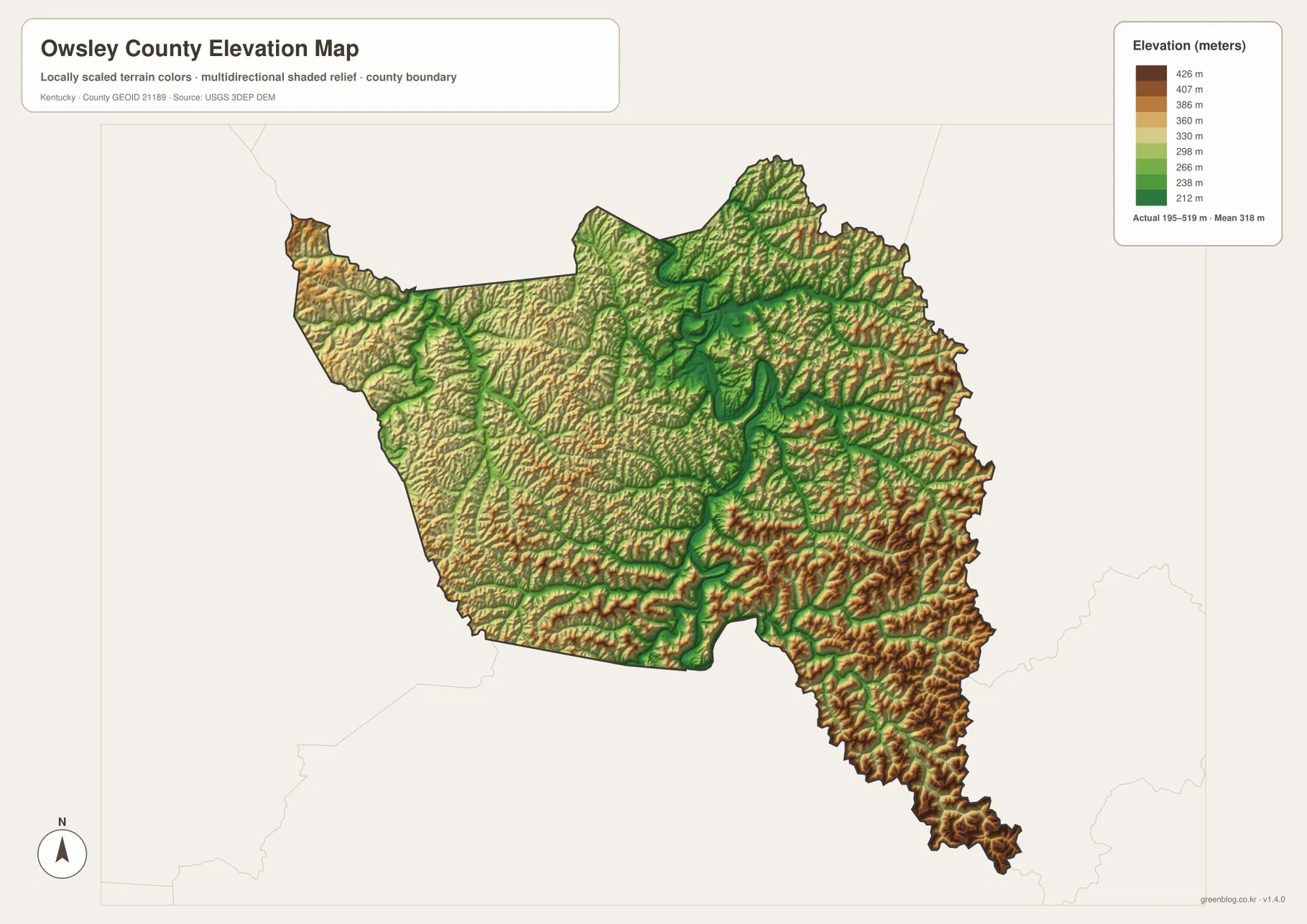 Owsley County elevation map showing the 195 to 519 meter range, low South Fork Kentucky River corridors, and high eastern and southern ridges
