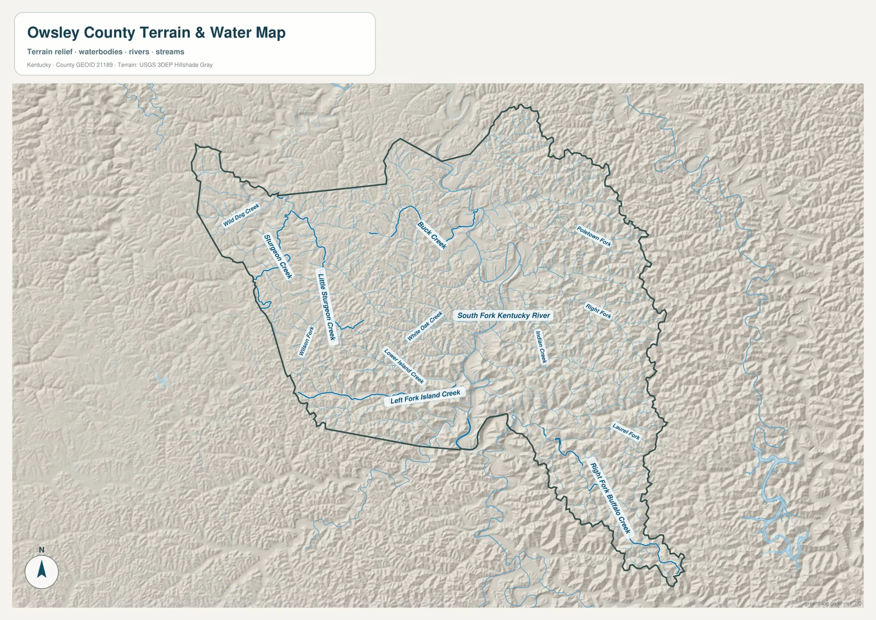Owsley County terrain and water map showing South Fork Kentucky River, Buffalo Creek, White Oak Creek, Sturgeon Creek, Little Sturgeon Creek, Island Creek, Laurel Fork, and Right Fork Buffalo Creek