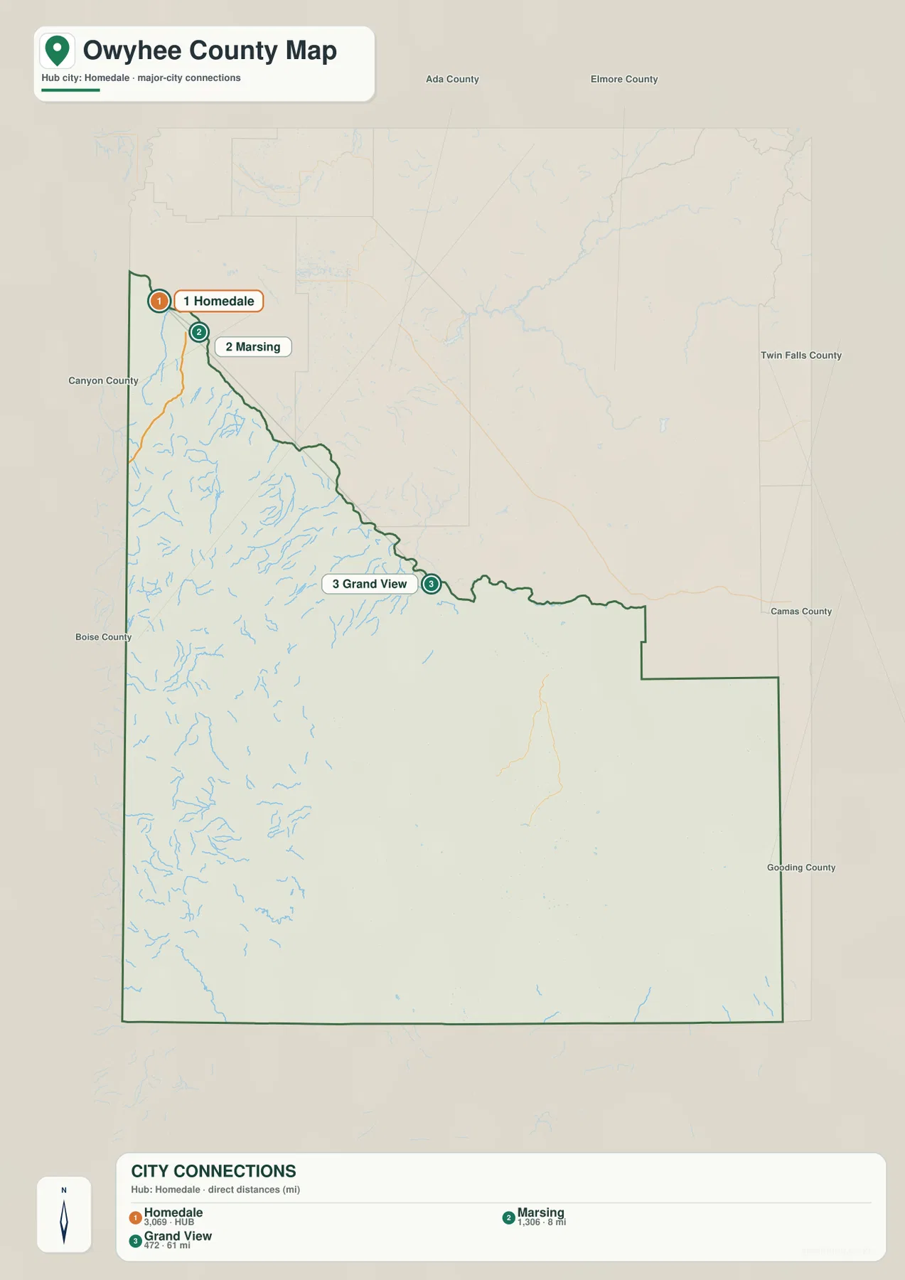 Owyhee County city map connecting Homedale with Marsing and Grand View by straight-line distance