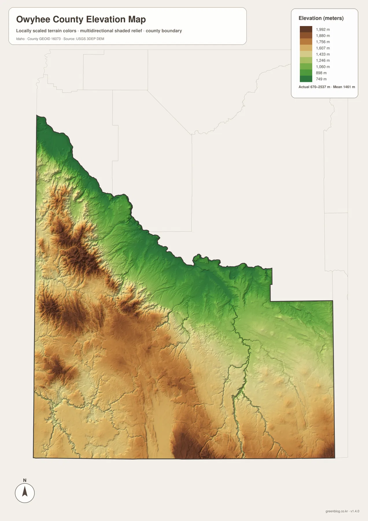 Owyhee County elevation map showing terrain from about 670 to 2537 meters with lower northern ground and higher southern uplands