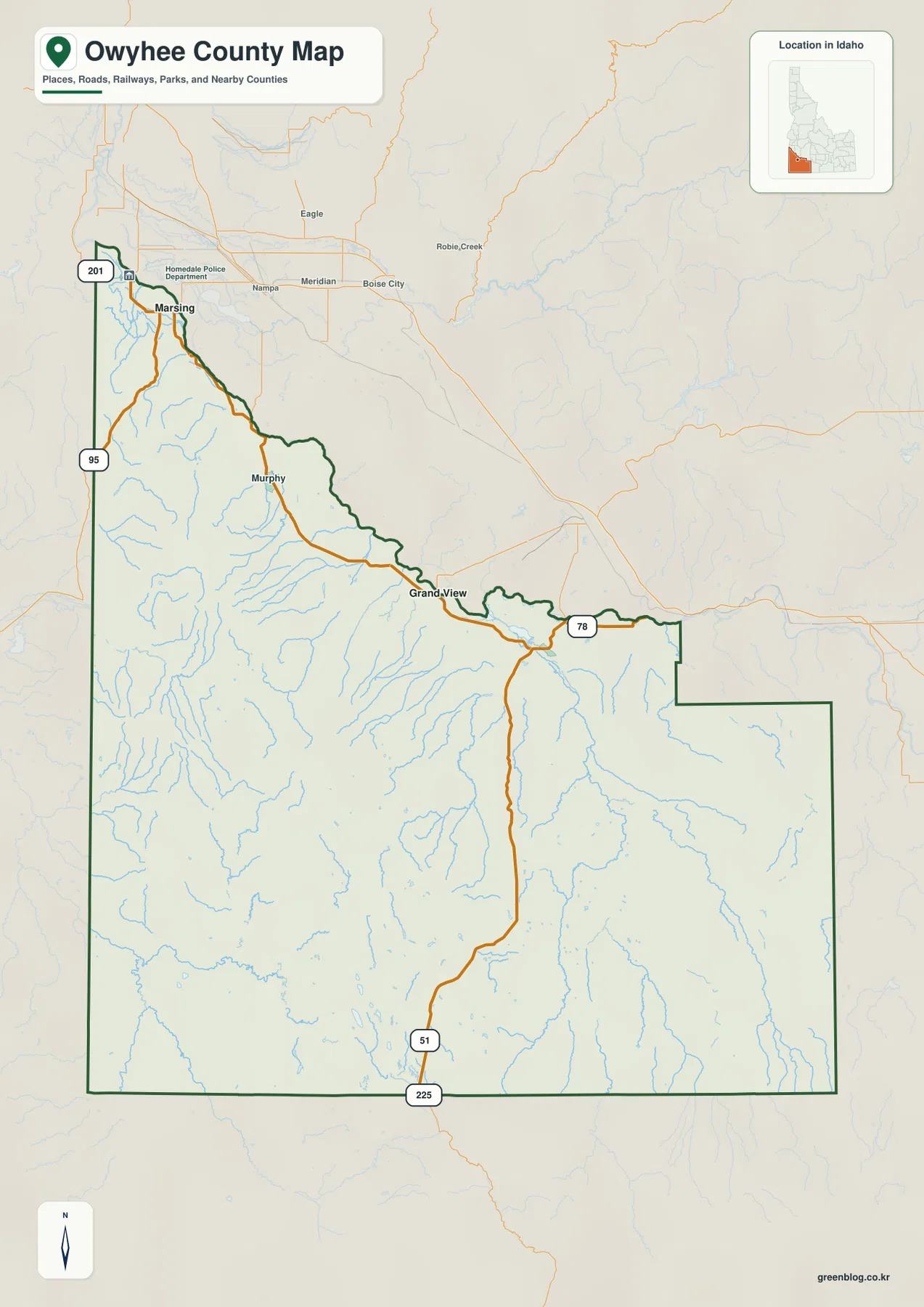 Owyhee County map showing Homedale, Marsing, Murphy, Grand View, major roads, streams, and the county boundary