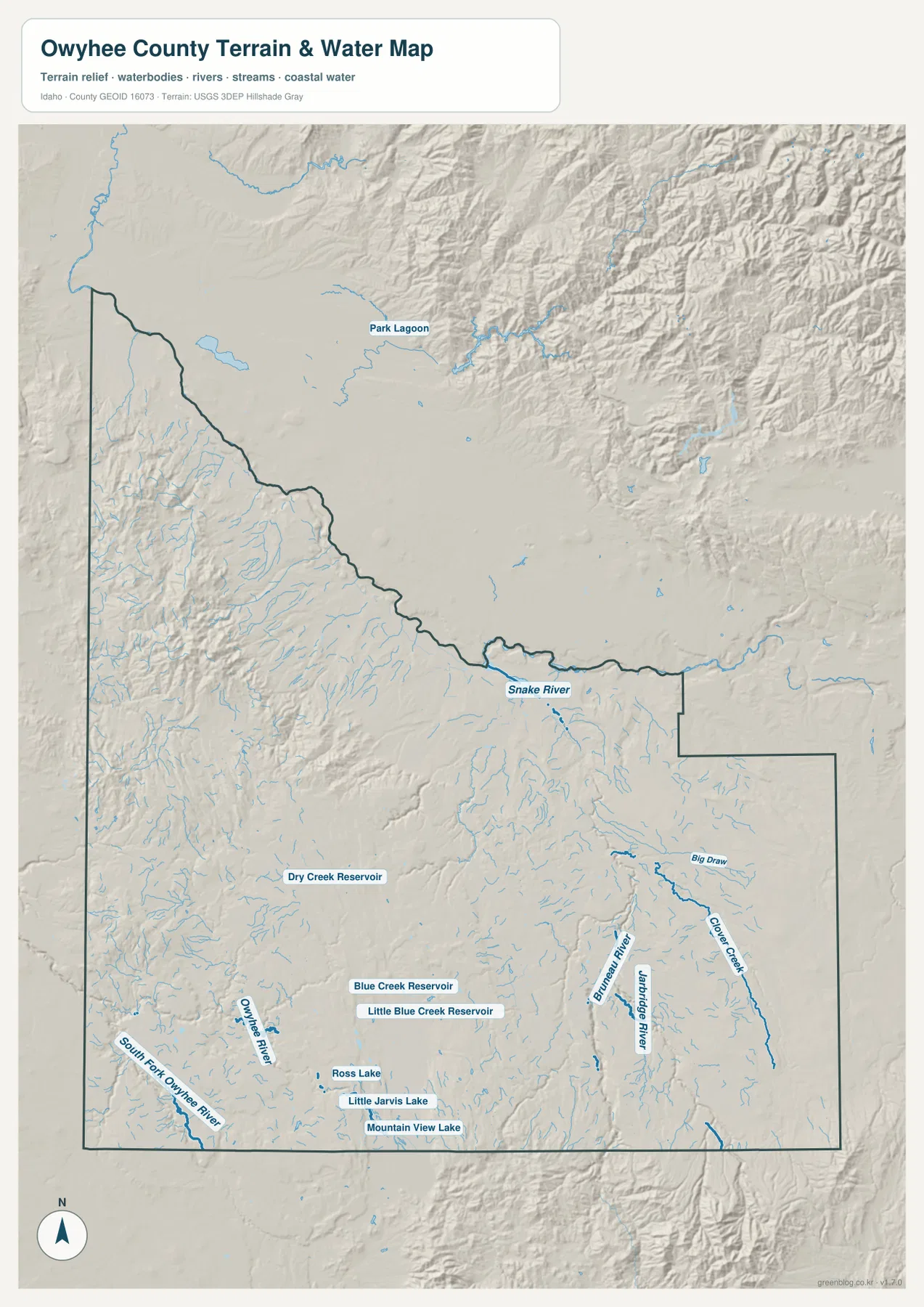 Owyhee County water map showing Snake River, Owyhee River, Bruneau River, Jarbidge River, reservoirs, lakes, and shaded terrain