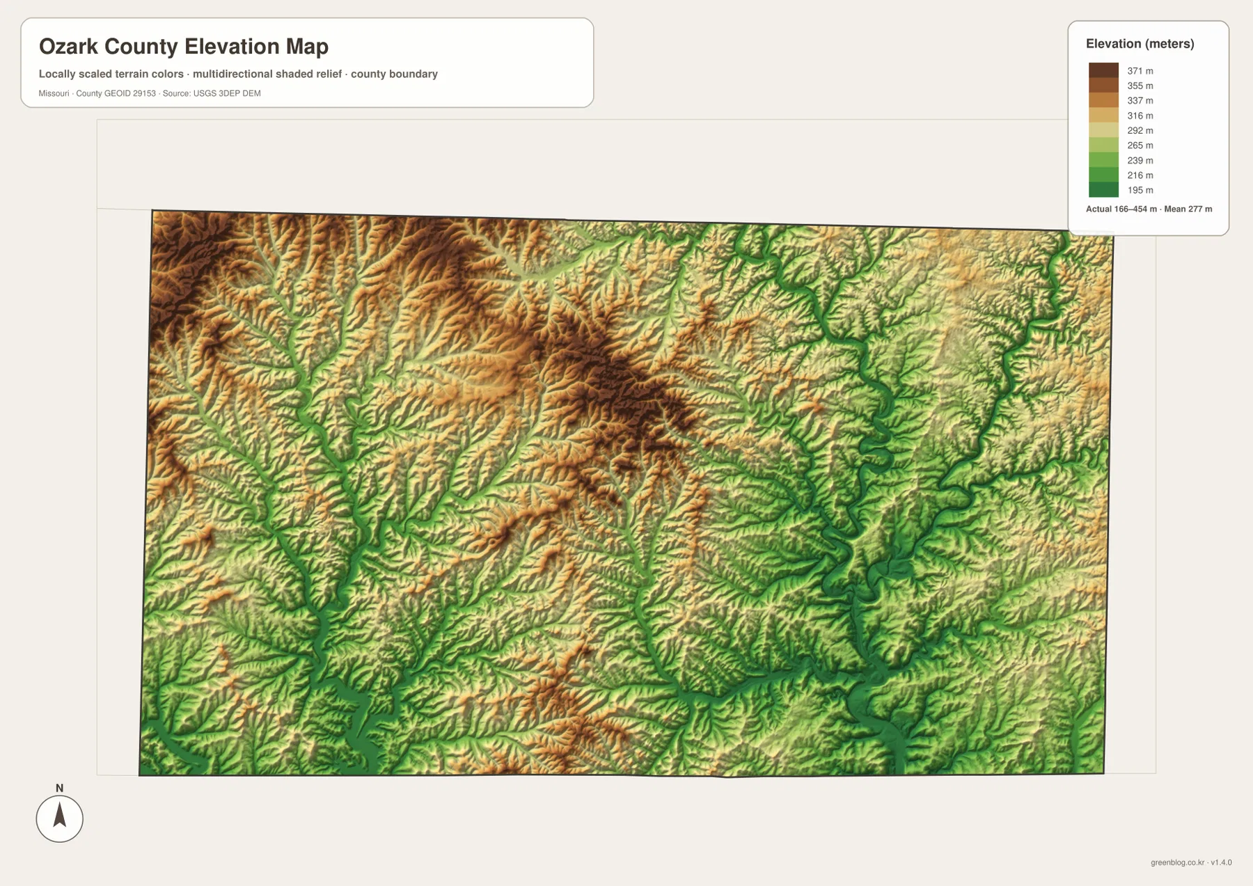 Ozark County elevation map showing 166 to 454 meter relief, high northwestern ridges, Bull Shoals Lake, Norfork Lake, and North Fork River valleys