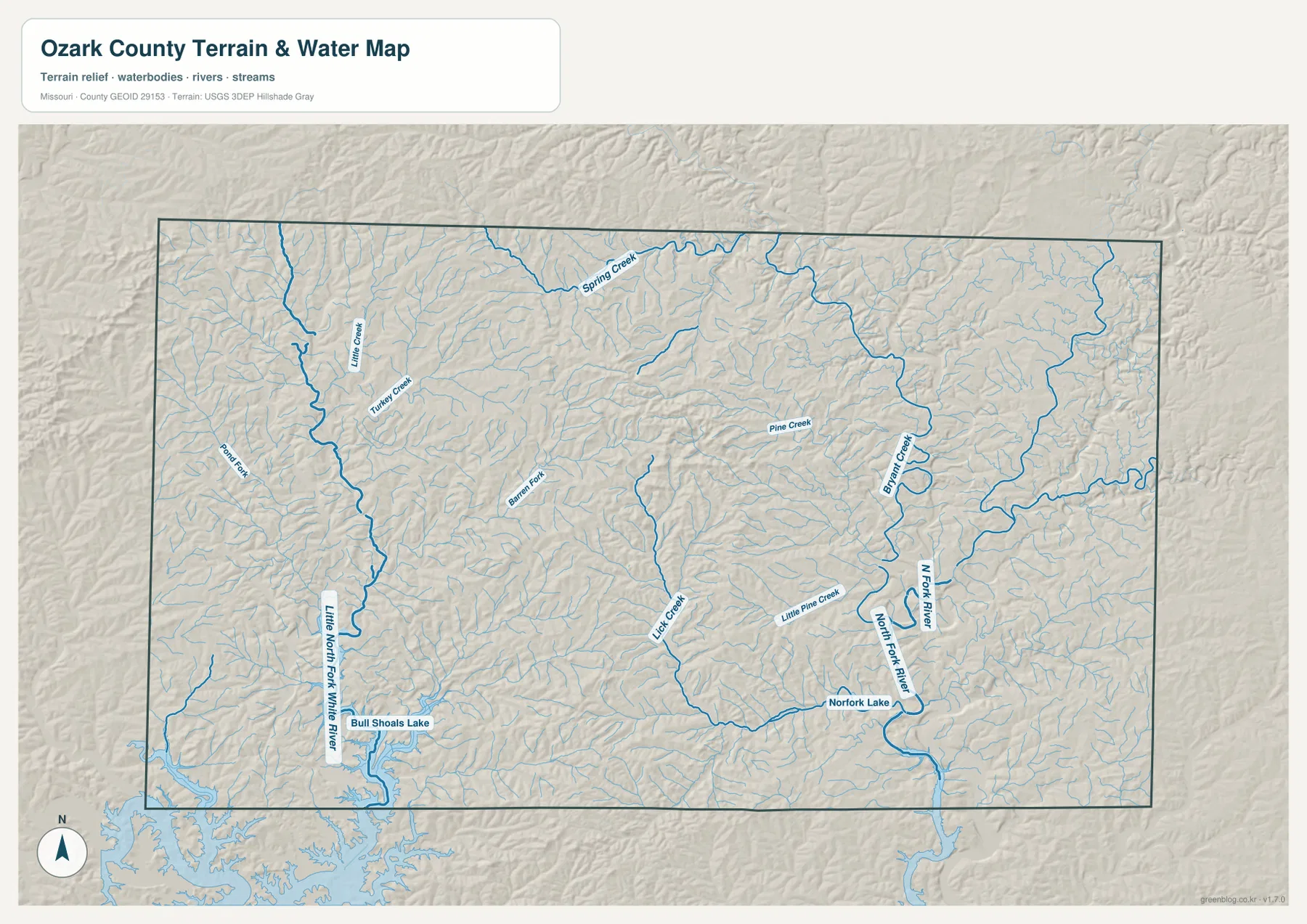 Ozark County terrain and water map showing Bull Shoals Lake, Norfork Lake, Little North Fork White River, North Fork River, Bryant Creek, and tributaries
