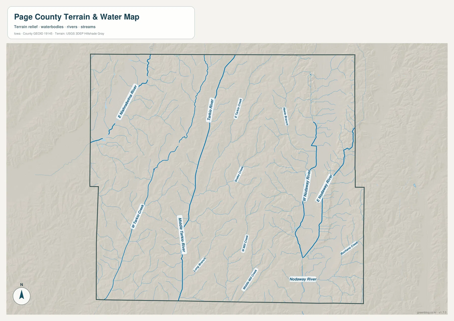 Page County Iowa Tarkio River E Nishnabotna River Nodaway River 물 지형 지도