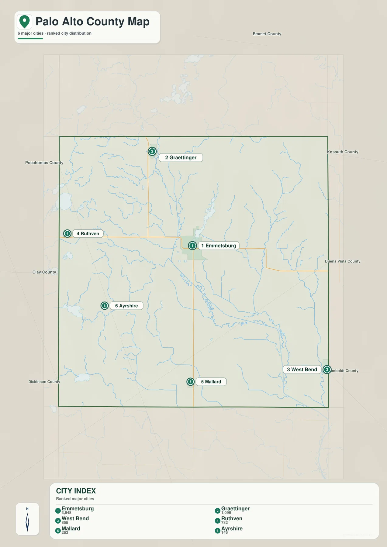 Palo Alto County Iowa Emmetsburg Graettinger West Bend Ruthven Mallard Ayrshire 도시 지도