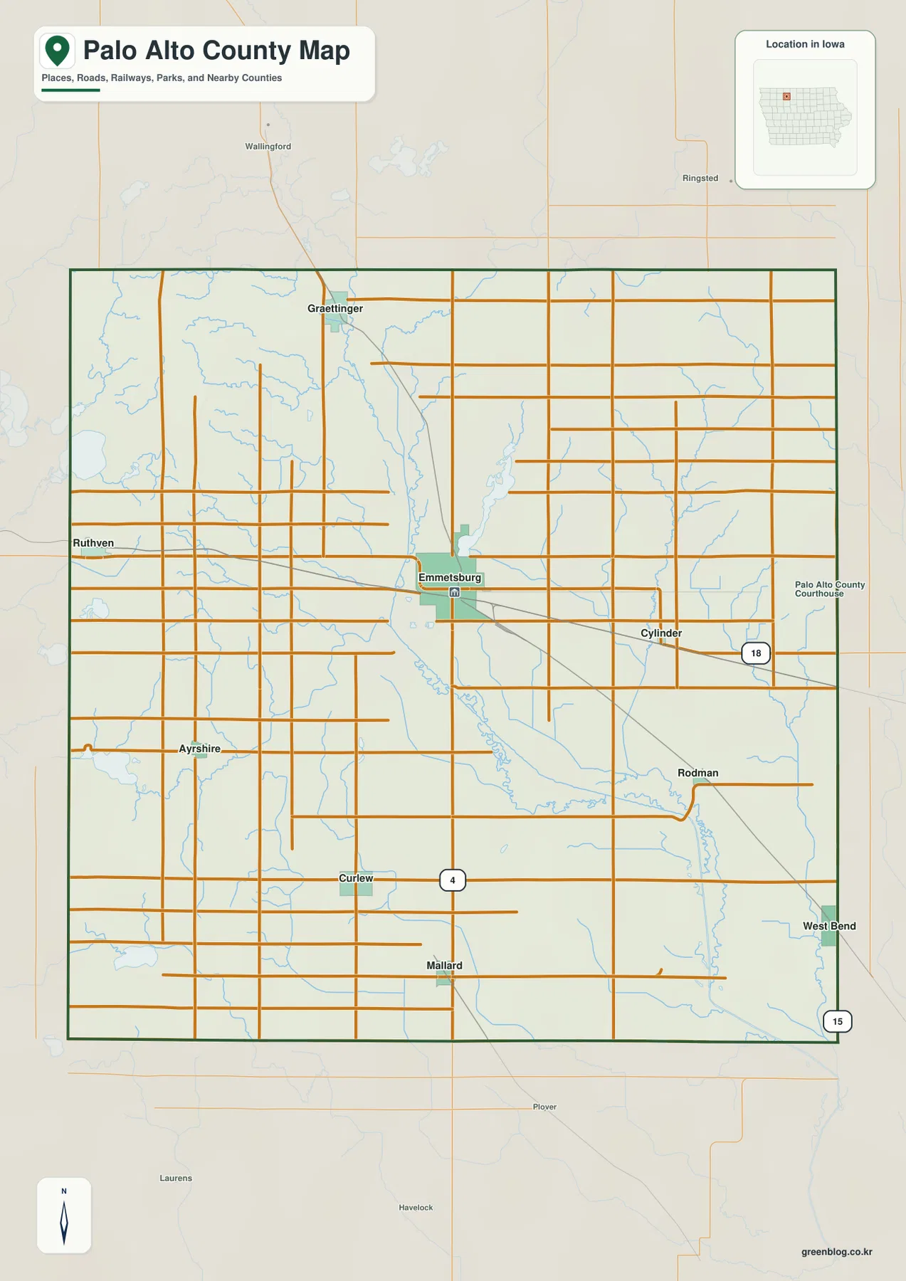 Palo Alto County Emmetsburg Graettinger Ruthven West Bend 도로 지도