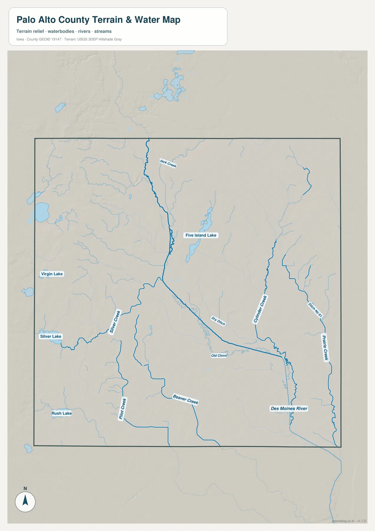 Palo Alto County Five Island Lake Silver Lake Des Moines River 수계 지도