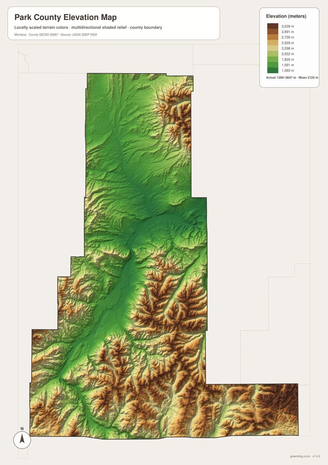 1280~3847m 실제 고도 범위와 평균 2125m를 표시한 Park County Montana 고도 지도