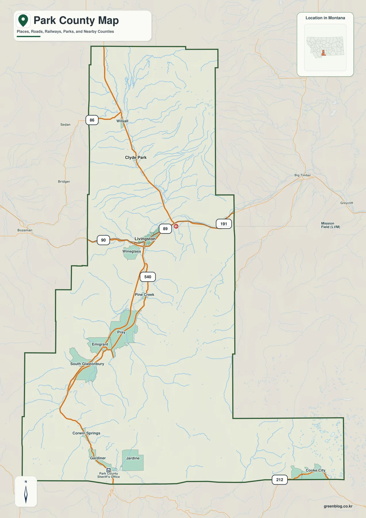 Livingston, Clyde Park, Wilsall, I-90, U.S. 89, Route 86과 남부 Paradise Valley를 표시한 Park County Montana 지도