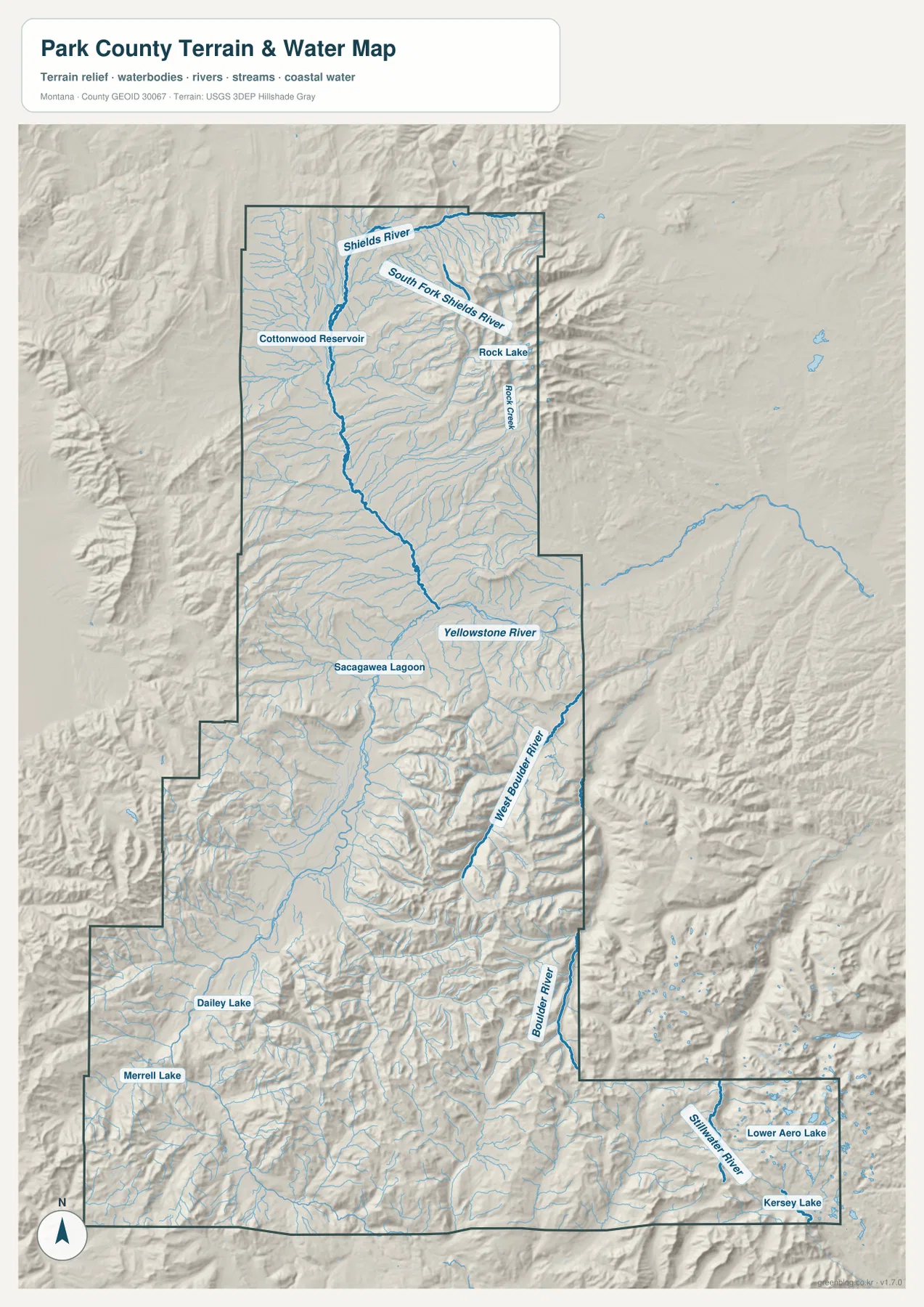 Shields River, Yellowstone River, West Boulder River, Boulder River, Stillwater River와 주요 호수를 표시한 Park County 수역 지형 지도