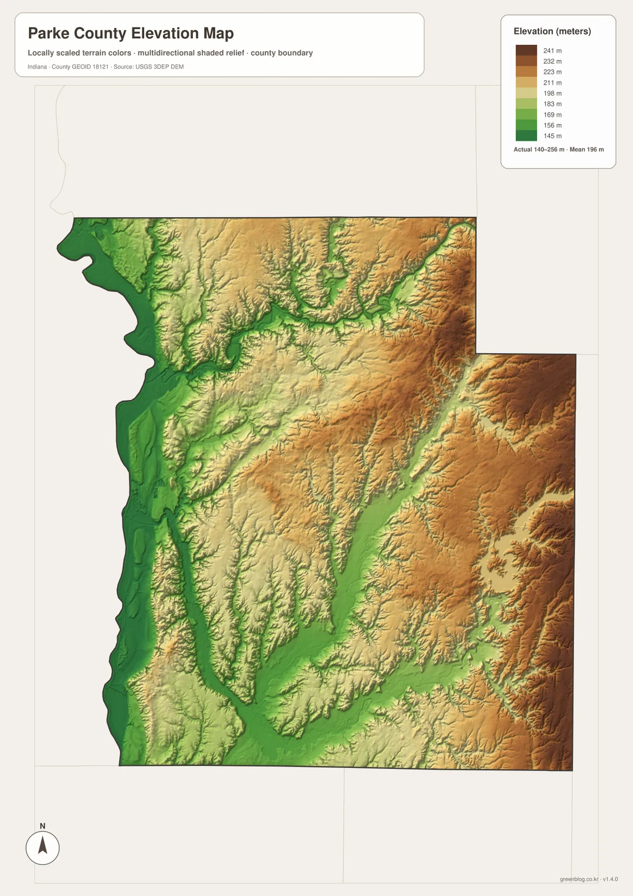 Parke County elevation map showing low green Wabash River flats, deeply cut Sugar Creek and Raccoon Creek valleys, and higher tan-brown ridges in the east and northeast