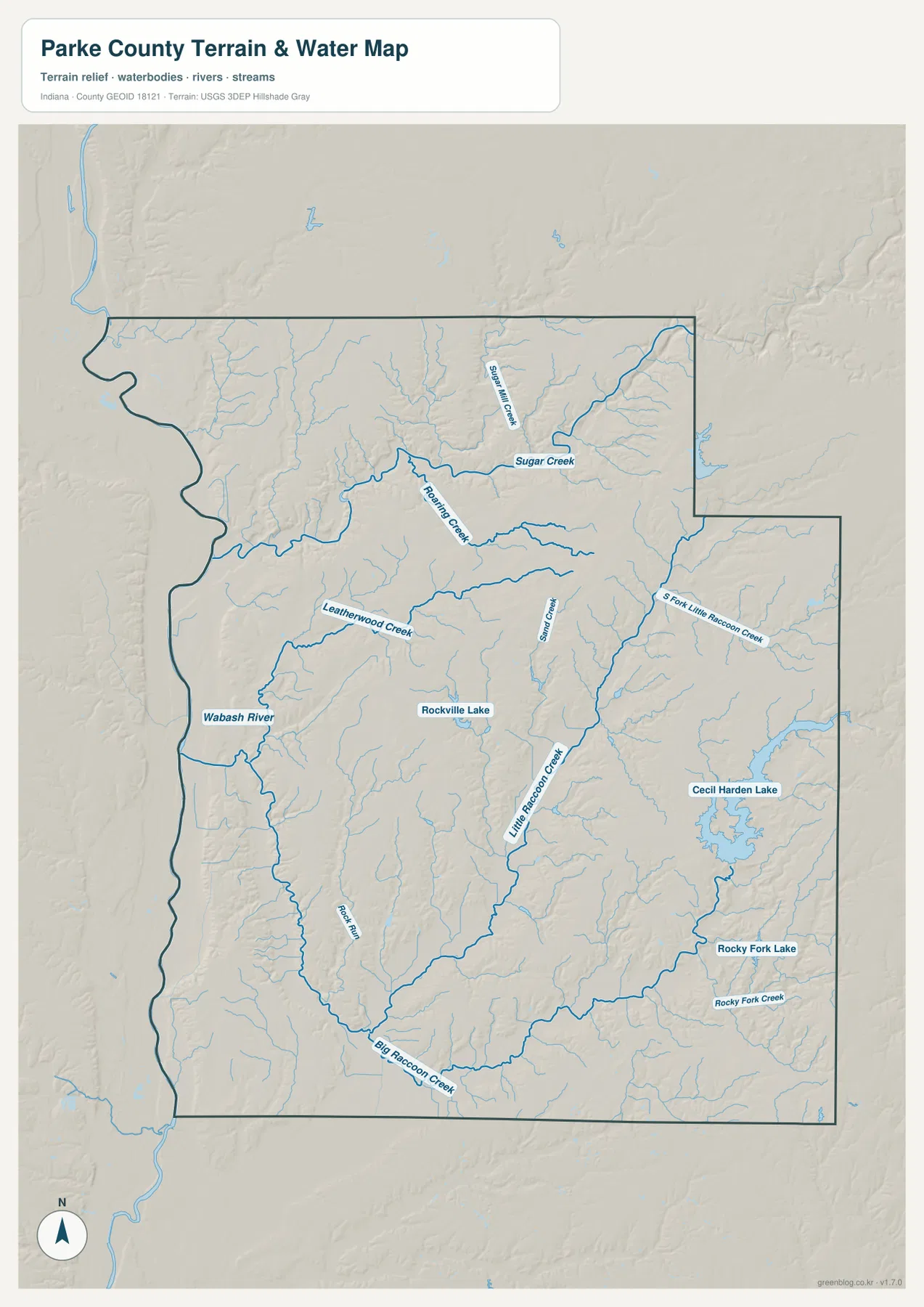 Parke County terrain and water map showing Wabash River, Sugar Creek, Roaring Creek, Leatherwood Creek, Little Raccoon Creek, Big Raccoon Creek, and Cecil M. Harden Lake
