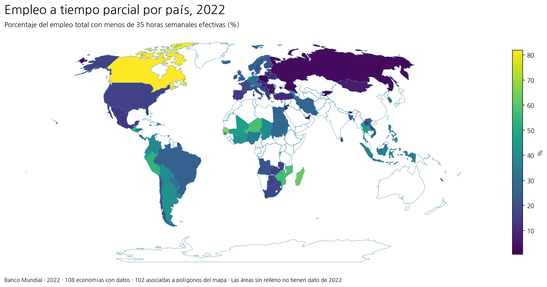 Porcentaje de empleo a tiempo parcial por país en 2022