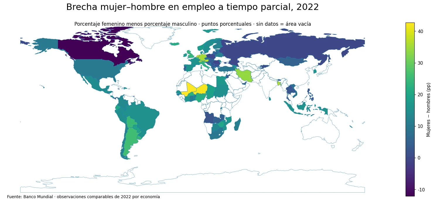 Mapa de la brecha entre mujeres y hombres en empleo a tiempo parcial en 2022