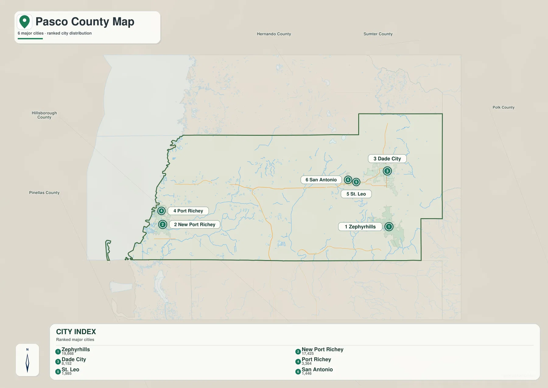 Pasco County city map showing Zephyrhills, New Port Richey, Dade City, Port Richey, St. Leo, and San Antonio