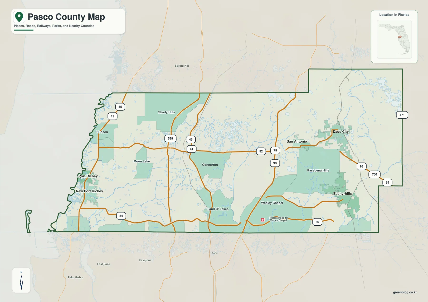 Pasco County Florida map showing county boundaries, major roads, New Port Richey, Wesley Chapel, and Dade City
