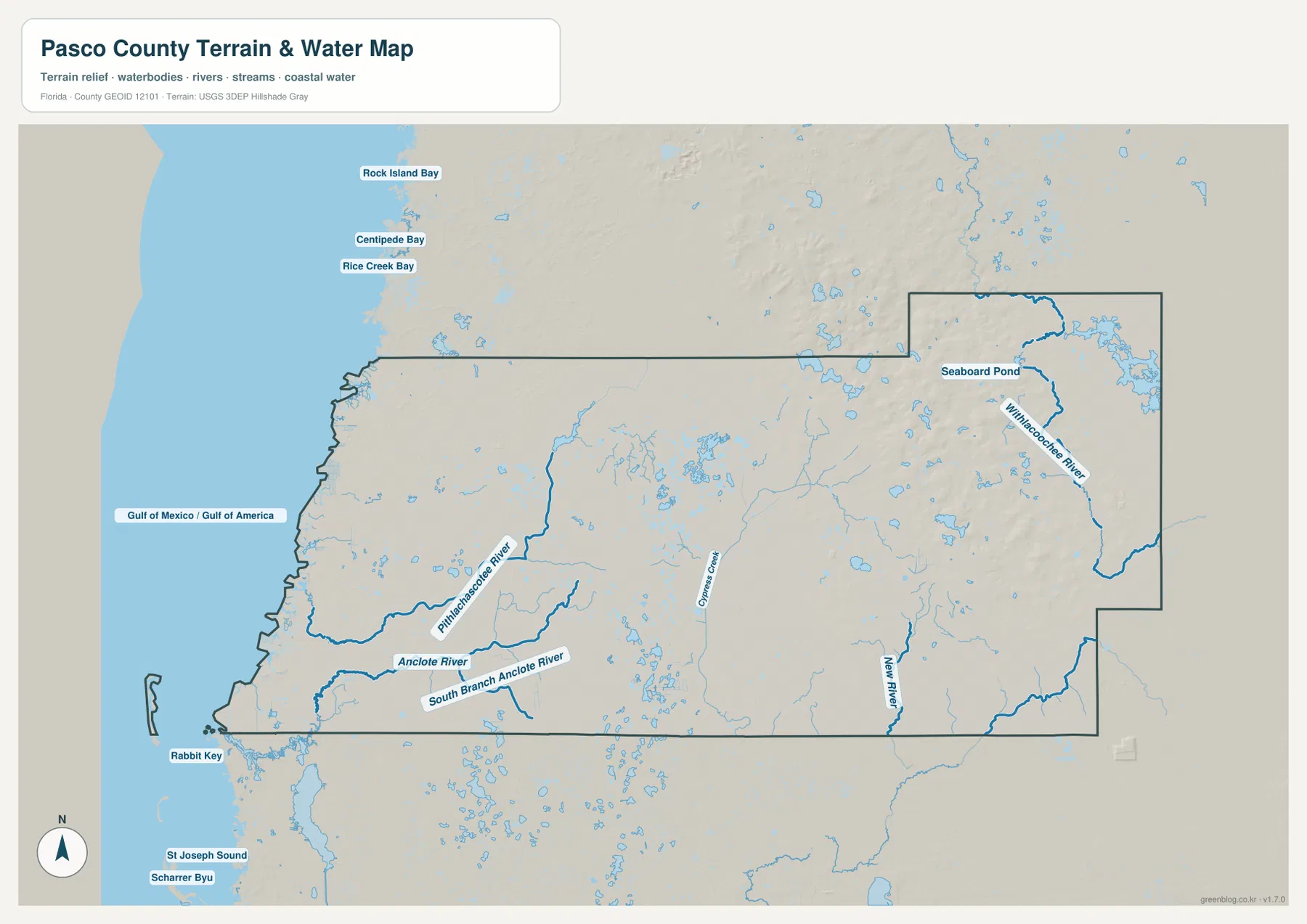 Pasco County terrain and water map showing the Pithlachascotee River, Anclote River, Cypress Creek, Withlacoochee River, and Gulf coast