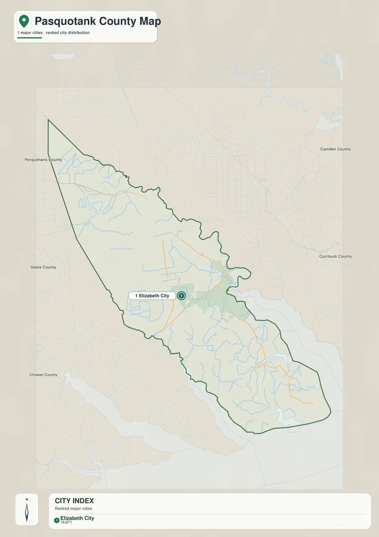 Pasquotank County city distribution map highlighting Elizabeth City