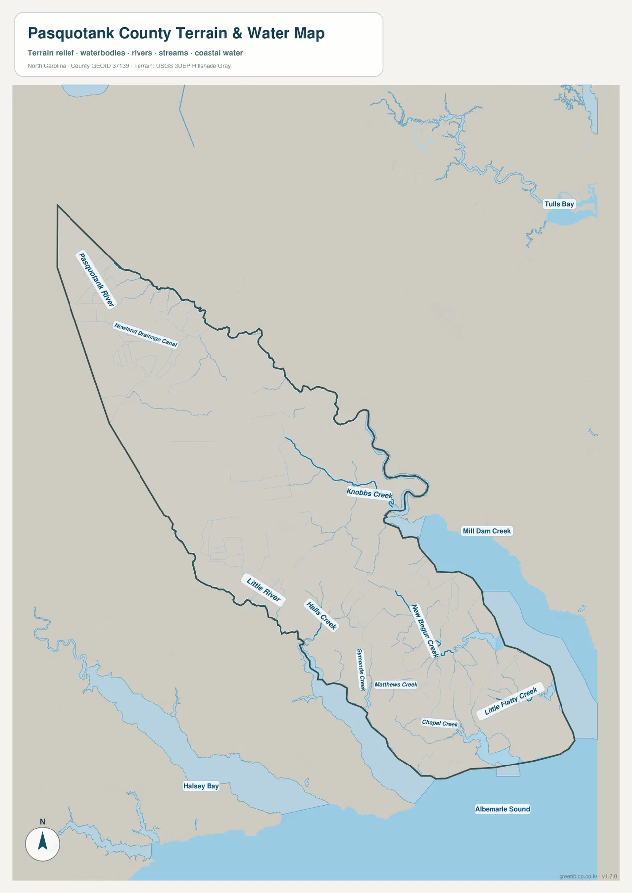Pasquotank County terrain and water map showing Pasquotank River Albemarle Sound and named creeks