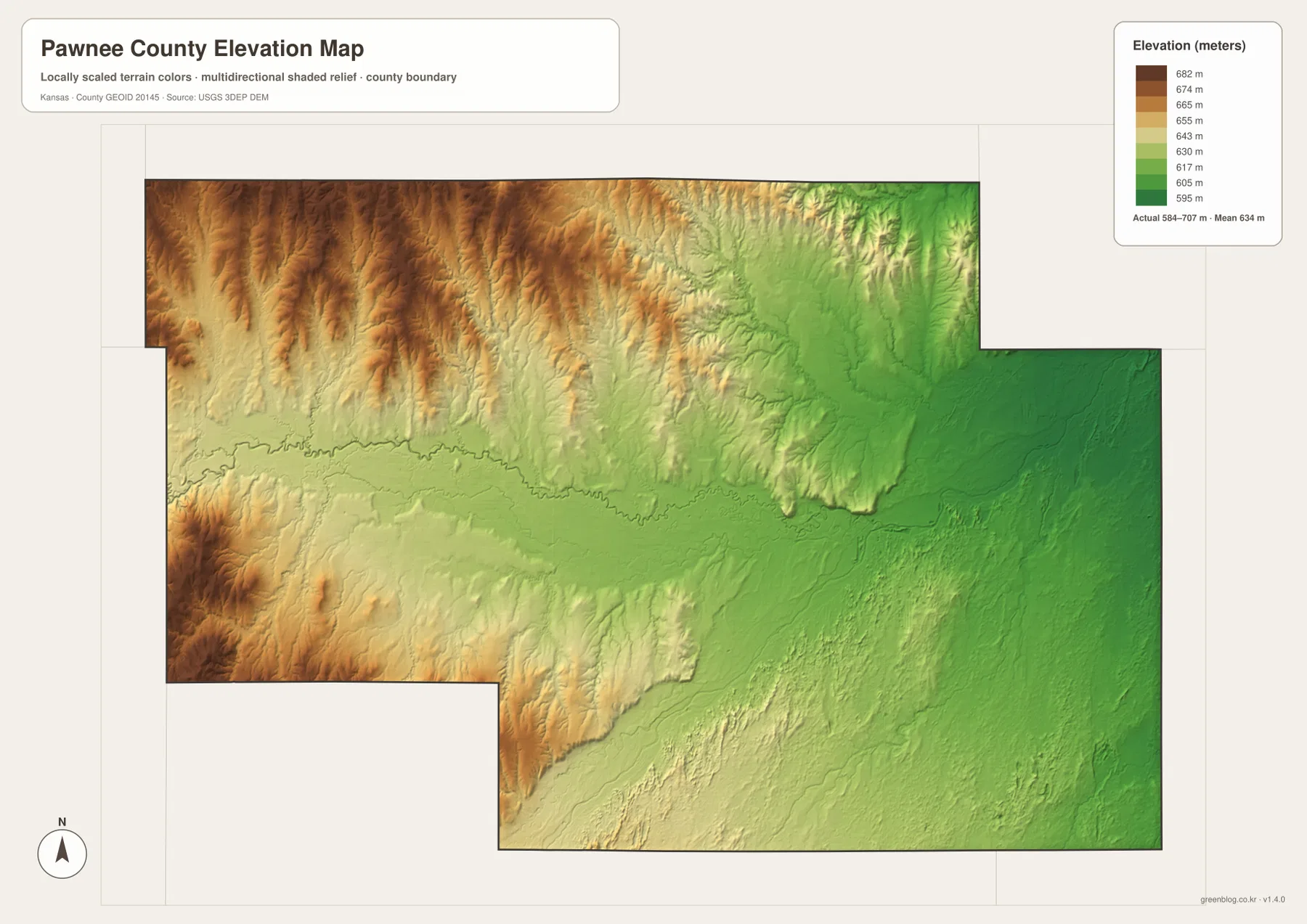 Pawnee County Kansas elevation map showing 584 to 707 meter relief, northwestern uplands and Pawnee Arkansas river lowlands