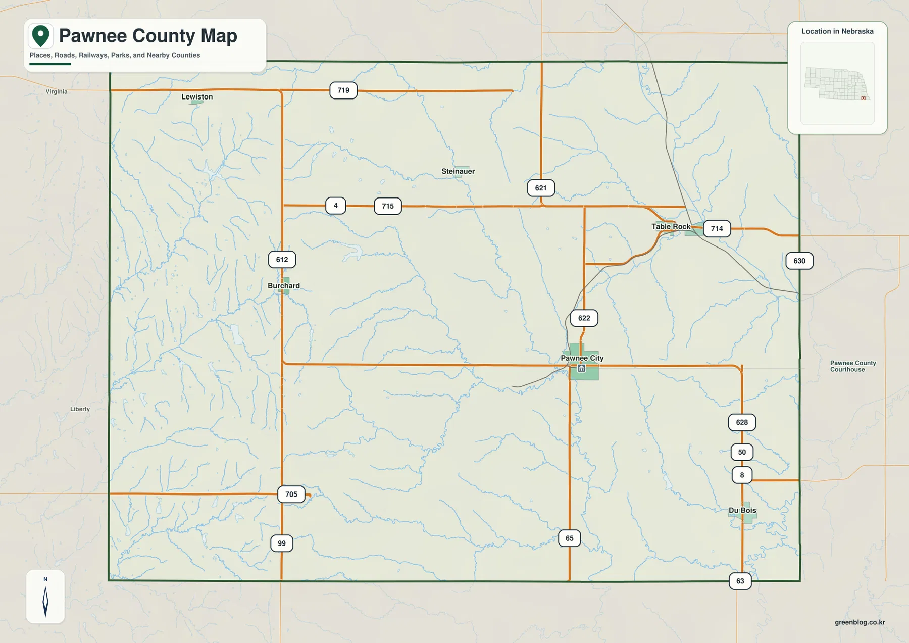 Pawnee City, Table Rock, Du Bois, Burchard, Steinauer, Lewiston과 주요 도로를 표시한 Pawnee County 지도