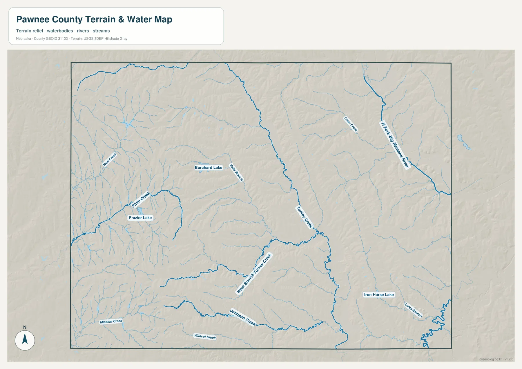 Turkey Creek, West Branch Turkey Creek, North Fork Big Nemaha River, Johnson Creek와 호수를 표시한 Pawnee County 수역 지도