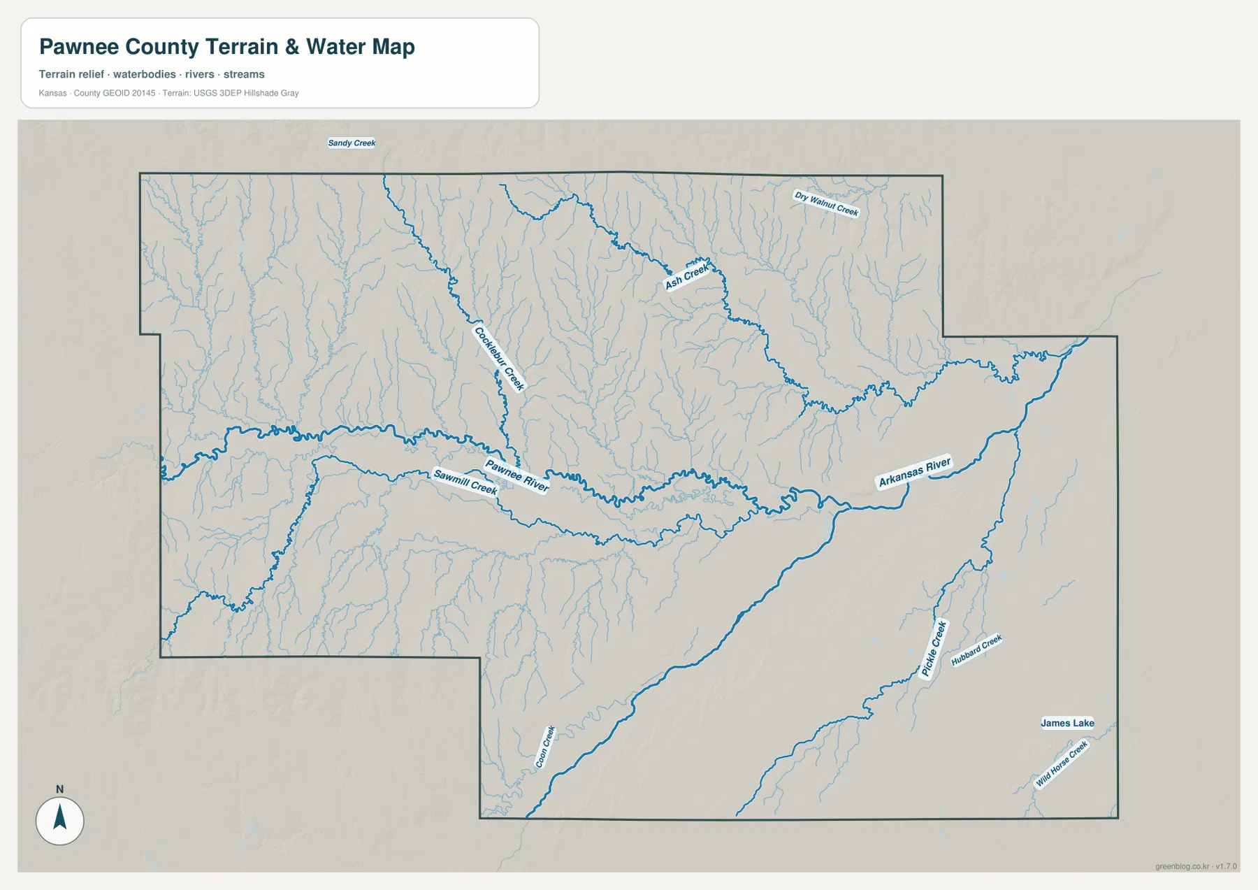 Pawnee County Kansas terrain and water map showing Pawnee River, Arkansas River, Sawmill Creek, Ash Creek, Pickle Creek and James Lake